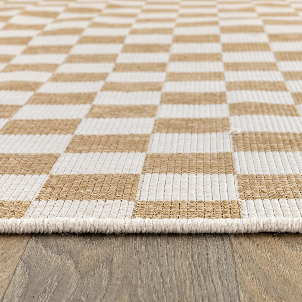 Indoor/Outdoor Checkered Weather Resistant Area Rug Natural