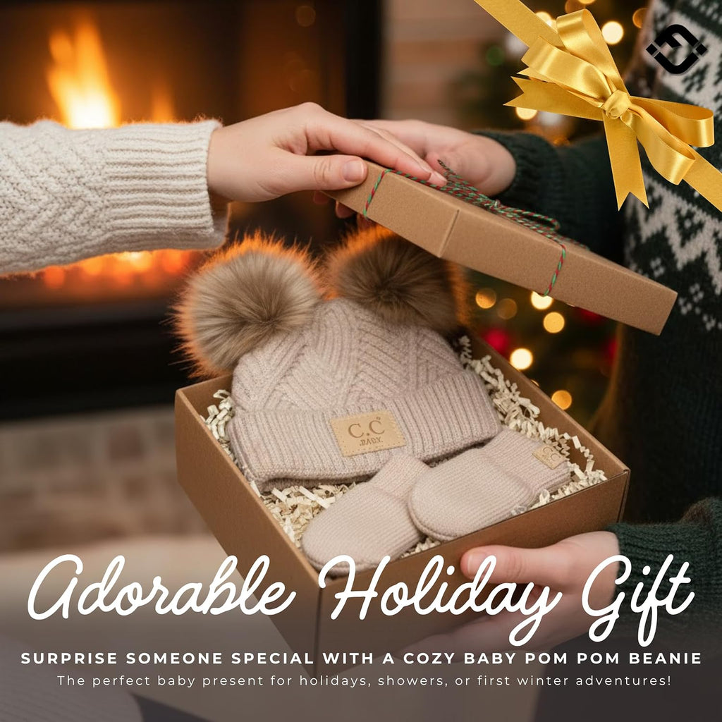 Baby Double Faux Fur Pom Pom Beanie & Mittens Set - Infant Winter Hat with Soft Lined Mittens