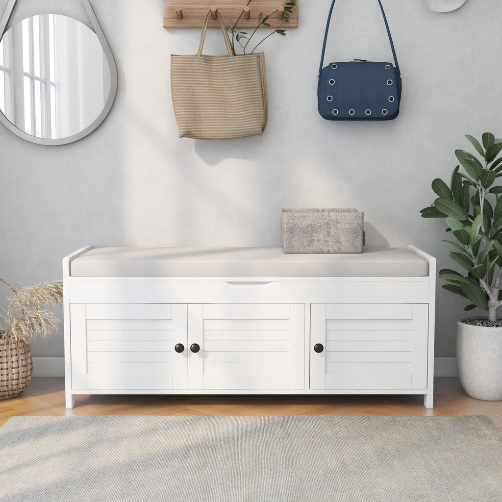 Upholstered Storage Ottoman with Removable Cushion, Wooden Entryway Bench with 3 Shutter-Shaped Doors and Hidden