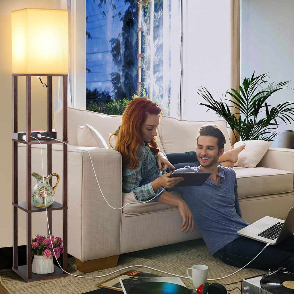 Shelf Floor Lamp with Wireless Charger, USB, Type C, AC Port,Brown