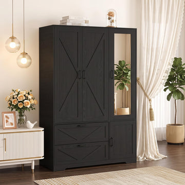 72" Armoire Wardrobe Closet with Mirror Door and LED Lights, 3 Doors Farmhouse Bedroom Armoire with Drawers and
