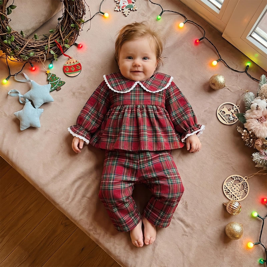 Toddler Girls Plaid Outfit Cute Peter Pan Collar Dress Tops Pants Matching Set Infant Girl Clothes (Red, )