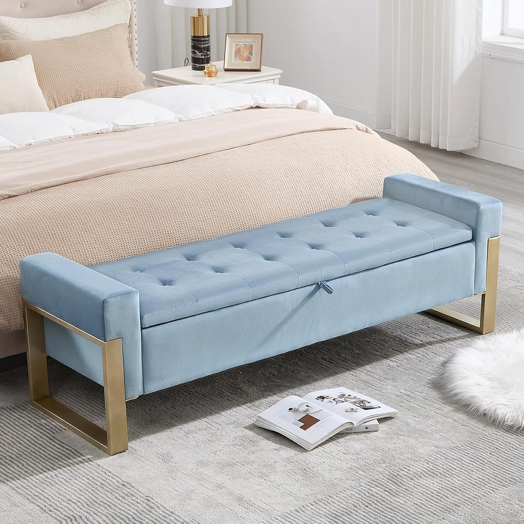 67'' End of Bed Storage Bench, Storage Ottoman Bench King Size, Modern Velvet Bed Benches for Foot of Beds with Gold