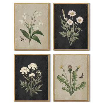Vintage Botanical Boho Framed Wall Art Set of 4 Piece Antique Flower Prints Farmhouse Retro Plants Rustic Artwork