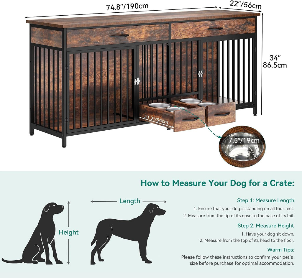 74.8" Double Dog Crate Furniture with Dog Feeder & Drawers