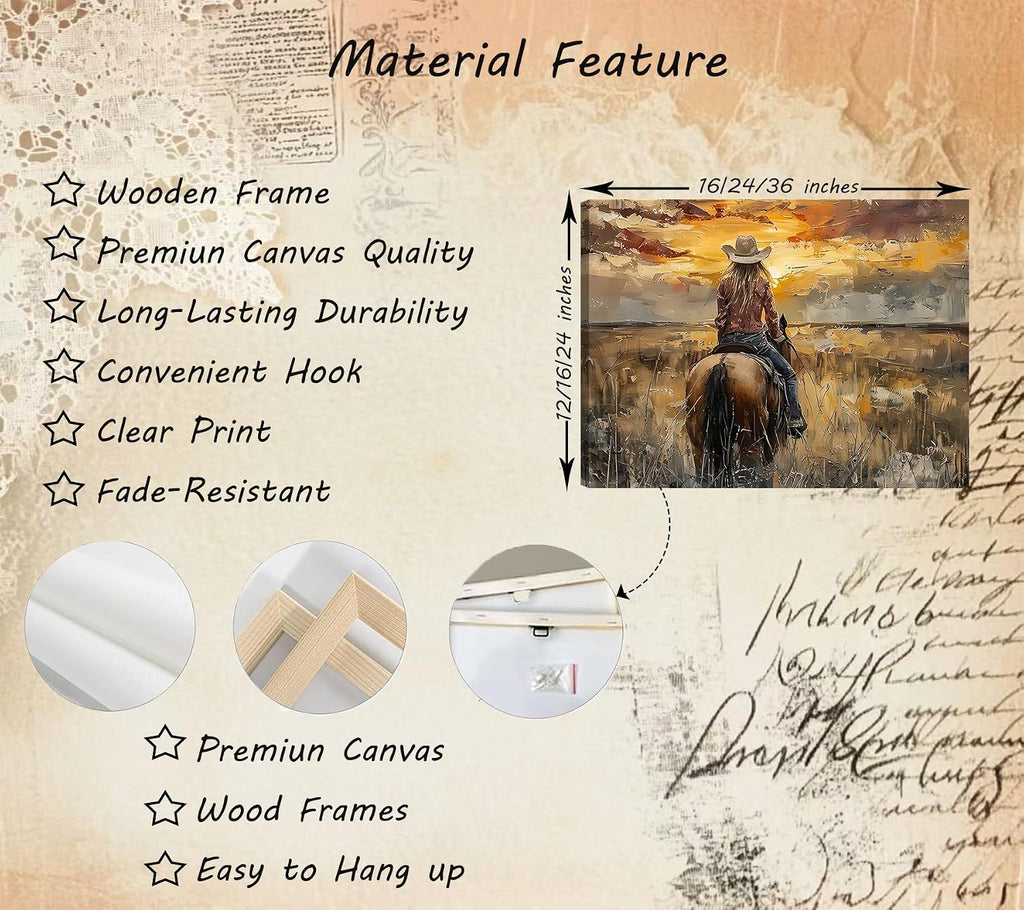 Western Cowgirl Riding Horse Canvas Wall Art Cowgirl Wall Decor Pictures Sunset Countryside Landscape Painting Print