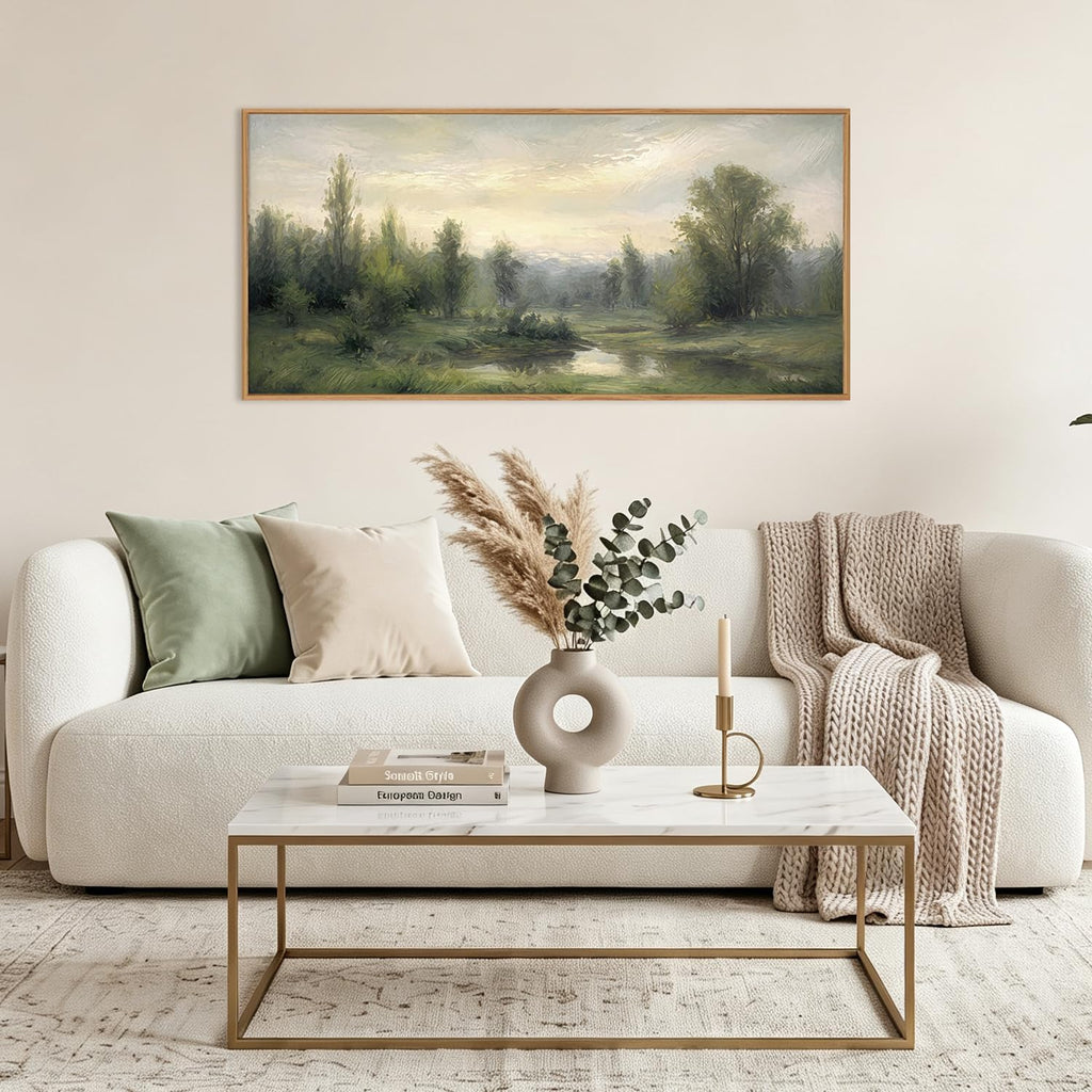 Abstract Monet Forest Canvas Wall Art 40x20 Inch Vintage Framed Sage Green Nature Painting Textured Neutral Woodland