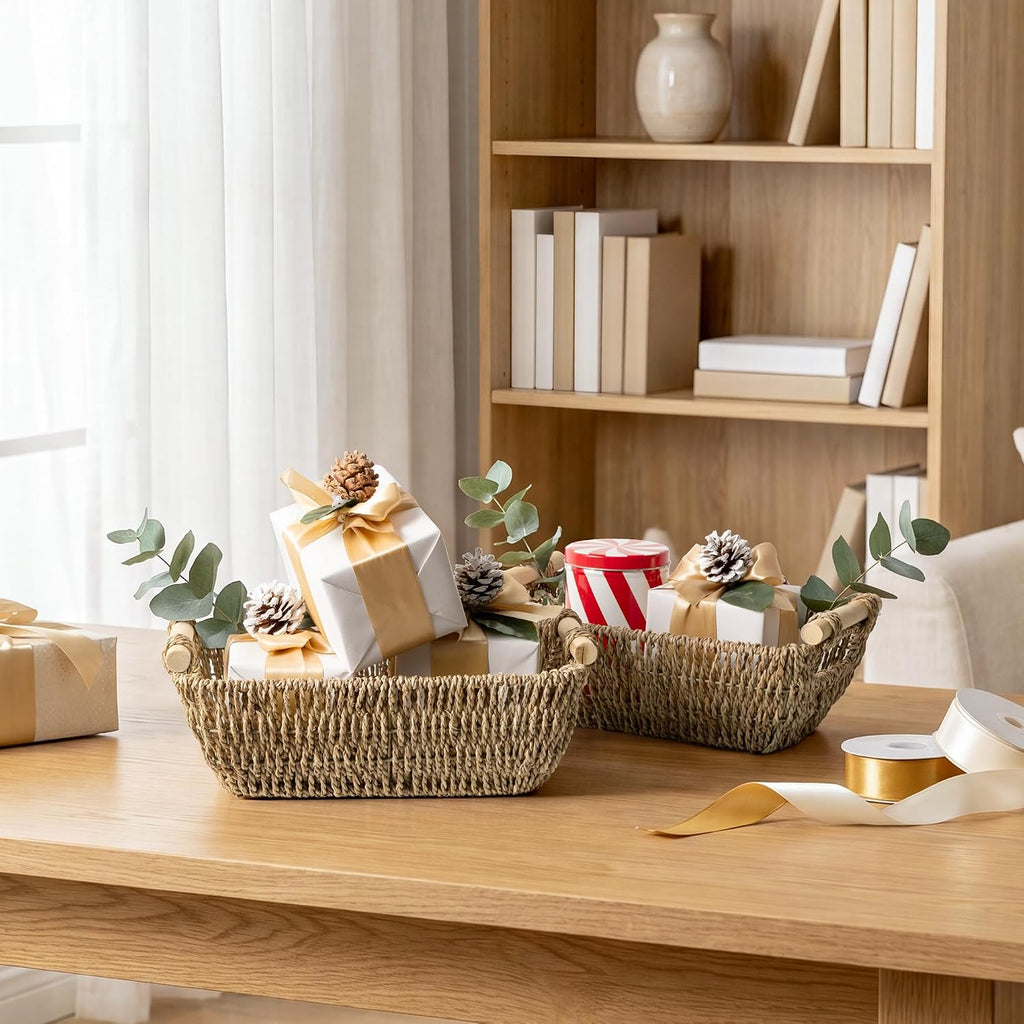 Small Baskets for Shelf, Seagrass Woven Basket with Wooden Handles for Gifts, 2-Pack