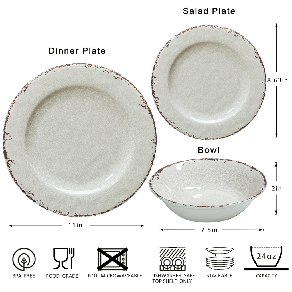 Rustic Farmhouse Melamine Dinnerware Set for 6, Dishwasher Safe, Creamy White