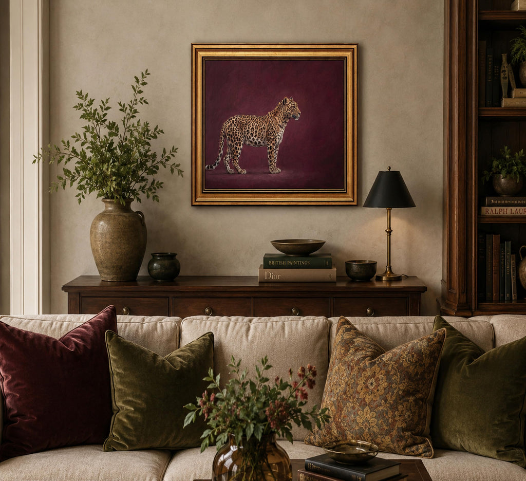 Gold Framed 3D Textured Wall Art, Vintage Burgundy Cheetah Canvas Prints, Minimalist Maroon Wildlife Pictures Decor