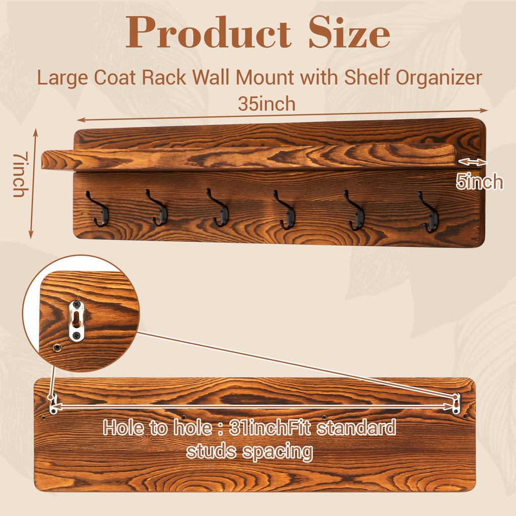 35 Inch Wall Shelf with Hooks and Shelf Organizer Wall Mount Coat Rack with 6 Hooks for Hanging