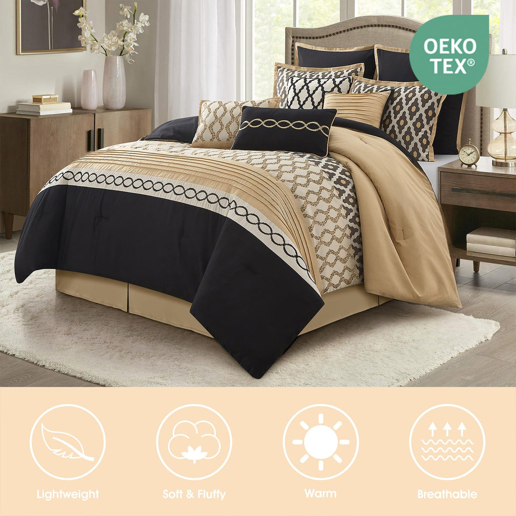 Queen Comforter Set, Black Gold, 10 Piece Bed in a Bag for All Seasons, Luxury Extreme Comfort Bedding Sets with