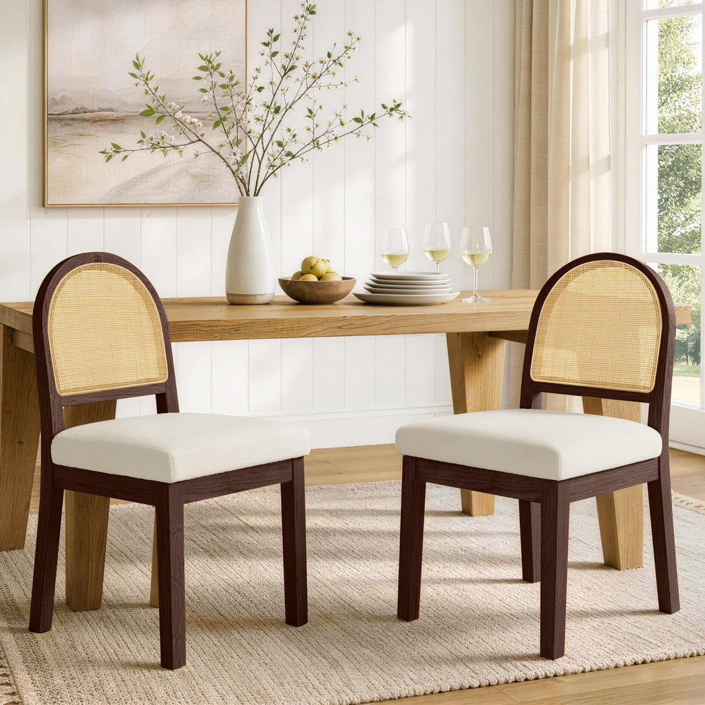 Natural Rattan Dining Chairs Set of 4, Soild Wood Chairs, Walnut