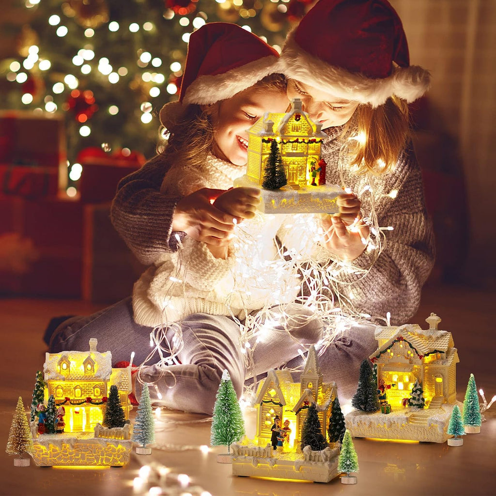 15 Pcs Christmas Village Set, 4 LED Houses 10 Trees Snow,Elegant