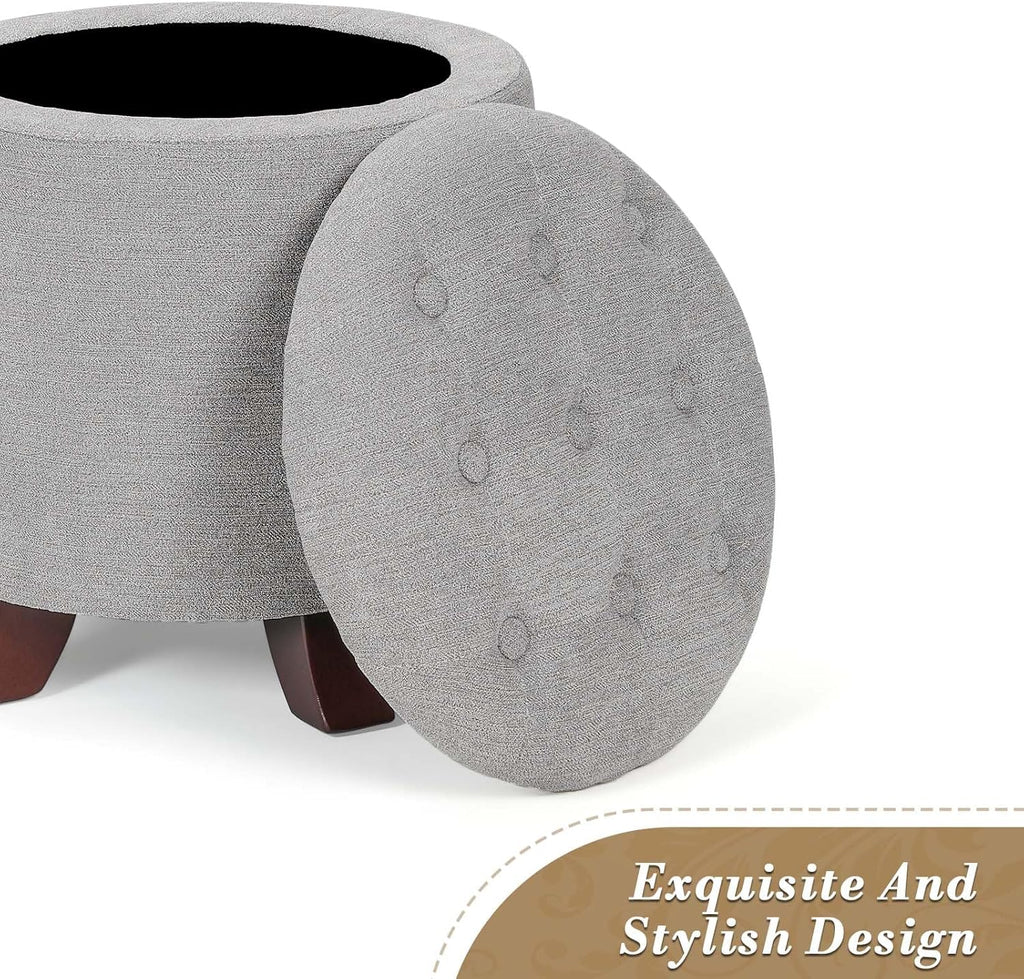 15 Inch Small Ottoman with Storage, Round Linen Fabric Storage Ottoman Foot Rest with Removable Lid, Multipurpose
