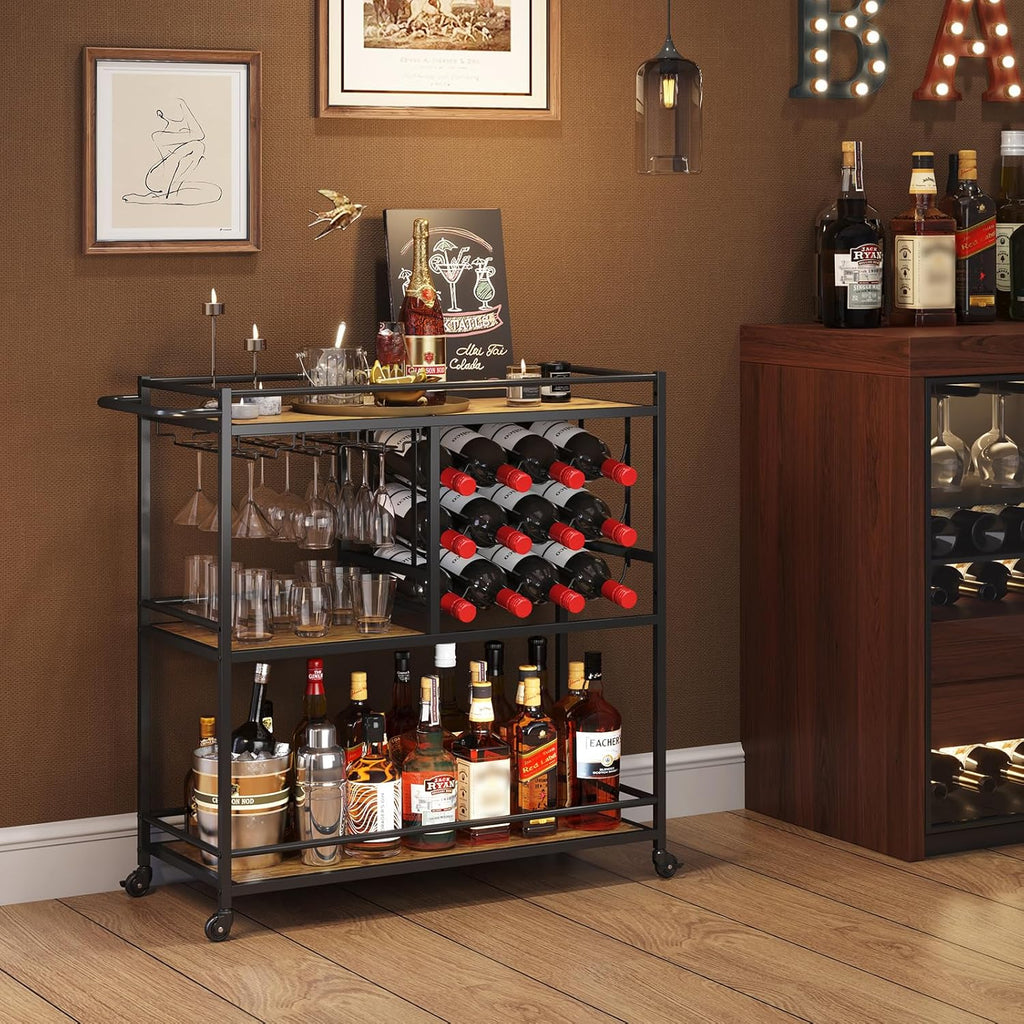 3 Tier Rolling Serving Bar Cart with Lockable Wheels, Rustic Brown | 12 wine rack and 3 rows glass holders, liquor