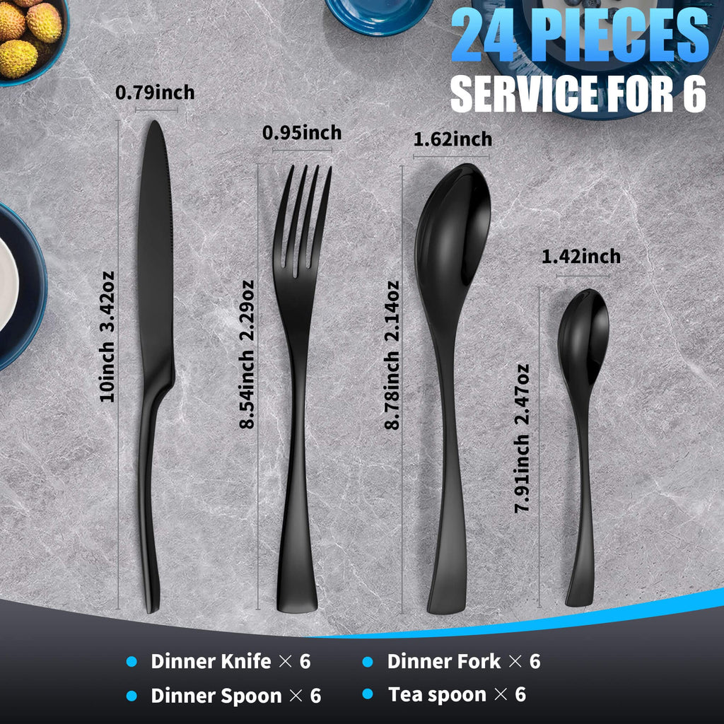 24 Pieces Black Silverware Set for 6, Heavy Duty 18/10 Stainless Steel Flatware Set with Forged Stand Knife, Modern