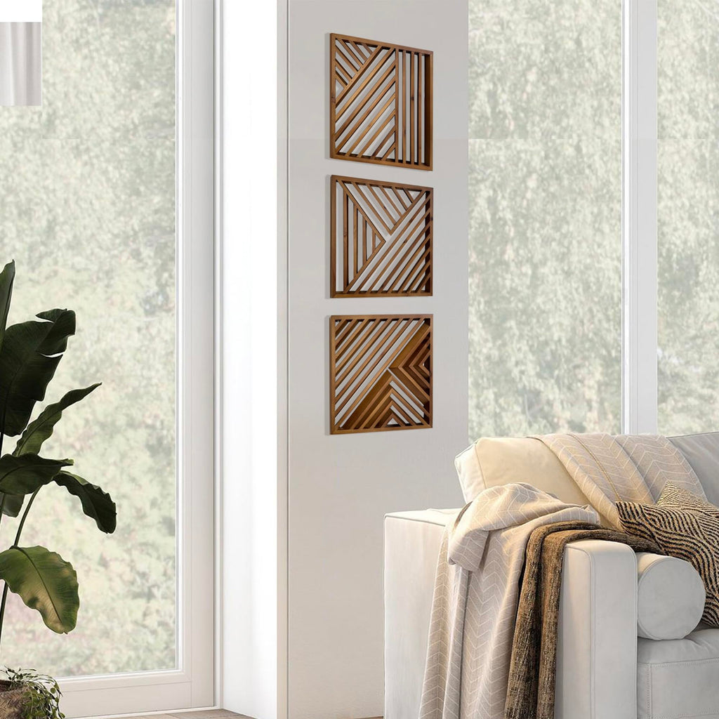 Wooden Geometric Home Wall Decor Slatted Wood Design Wall Sculpture, Set of 3 Wood Wall Art decorate, Boho Bathroom