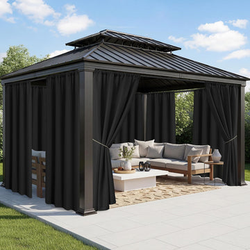 Black Outdoor Curtains Waterproof, 8 Panels, Rod Pocket | Weatherproof & Privacy Drapes, Outside Curtains for Gazebo