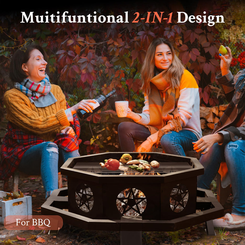 Outdoor 43 Inch Octagonal Fire Pit with Cooking Grill Black