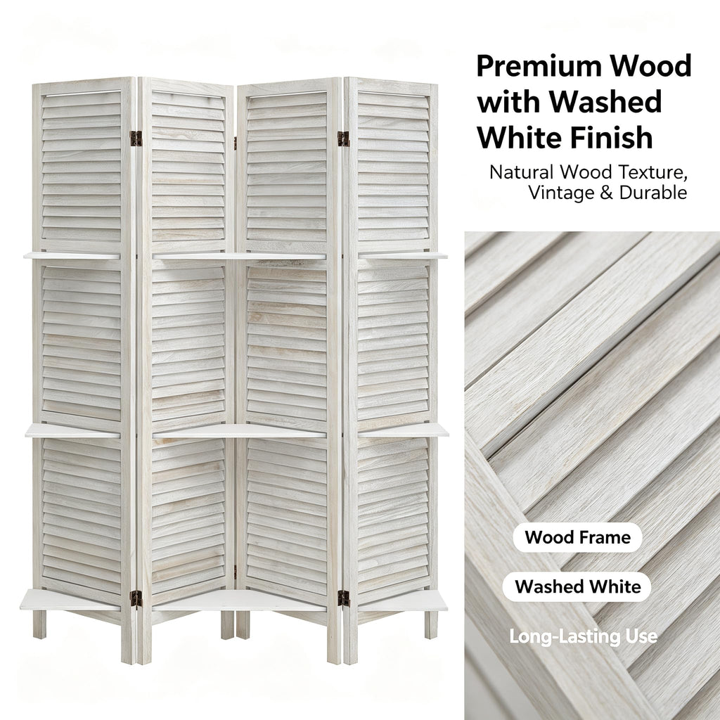 4 Panel Room Divider with Shelves, 67" H Fold Screen, Vintage White
