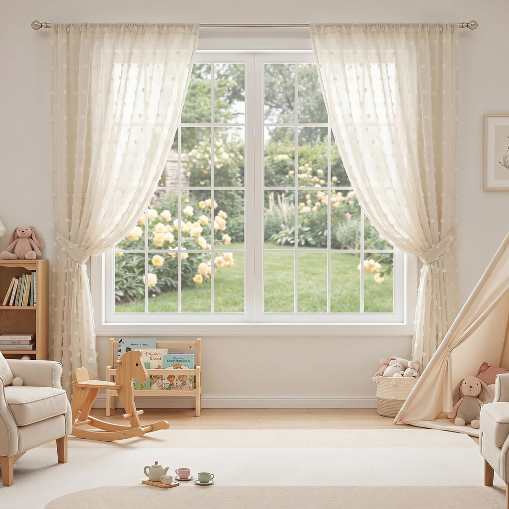 Beige Boho Sheer Curtains with Cream Pom Pom 36Wx63L, 2 Panels