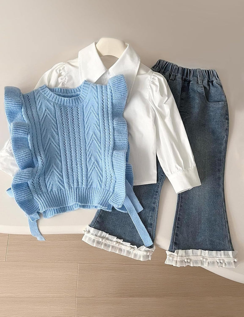 Toddler Girl 3 Piece Set Long Sleeve Shirt with Lace Bow Knitted Vest & Denim Jeans Girls Clothing Sets Fall