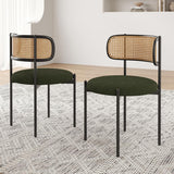 Modern Dining Chairs Set of 2, Upholstered Chairs with Rattan Back and Metal Legs, Green