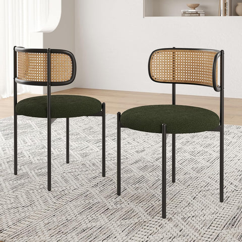 Modern Dining Chairs Set of 2, Upholstered Chairs with Rattan Back and Metal Legs, Green