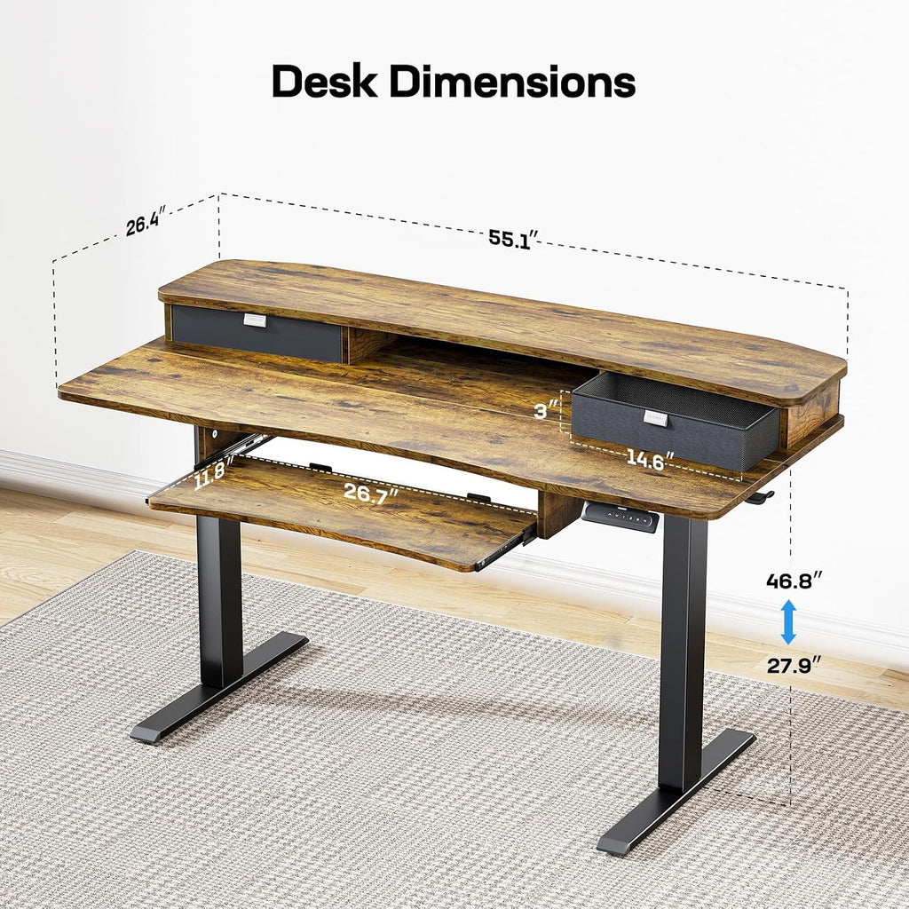 55" x 26" Electric Standing Desk, 2 Drawers & Keyboard Tray, Vintage | Ergonomic Desk with 2 Drawers: 27.9"-46.8"