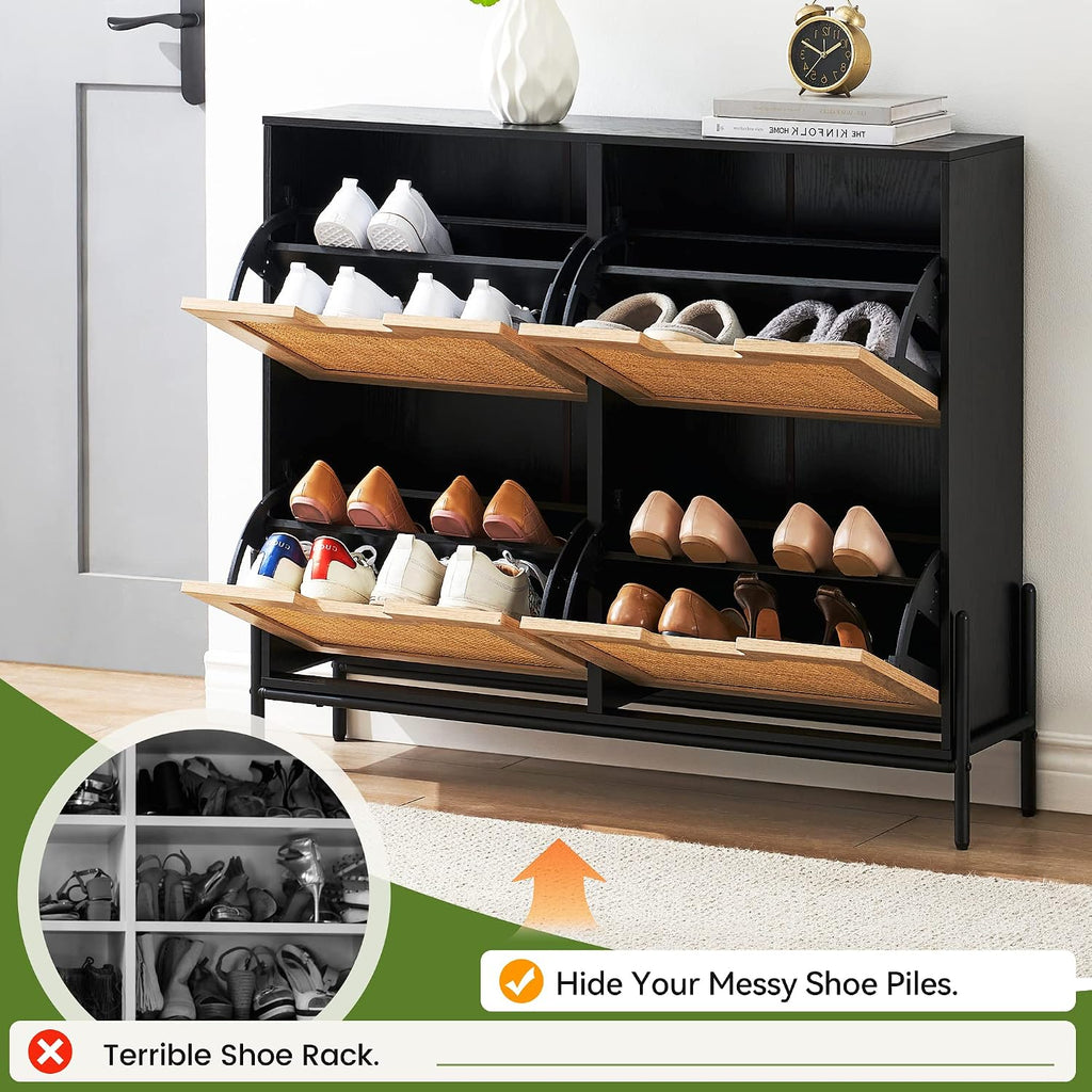 Natural Rattan Flip Drawer Shoe Cabinet Narrow Freestanding Entryway Shoe Storage Organizer Adjustable Shelves Metal