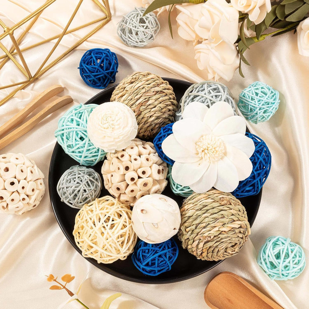 Blue and White Decorative Balls for Potpourri Bowl Filler, Bowl Filler for Table Centerpiece Home Decor, Woven - Set of 15