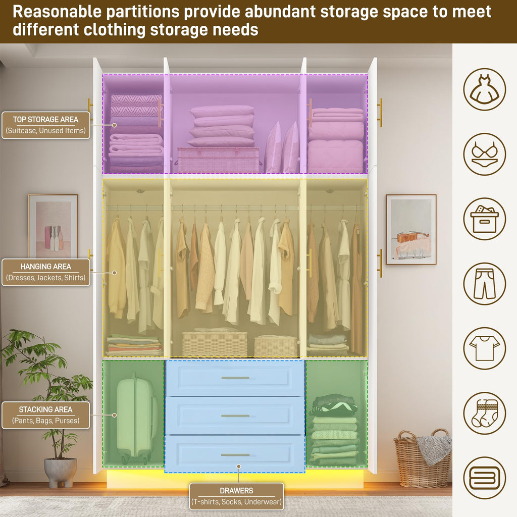 Large Armoire Wardrobe Closet Cabinet with Drawers and LED Lights, Multi-Tier Shelves, Hanging Rod, Large Capacity