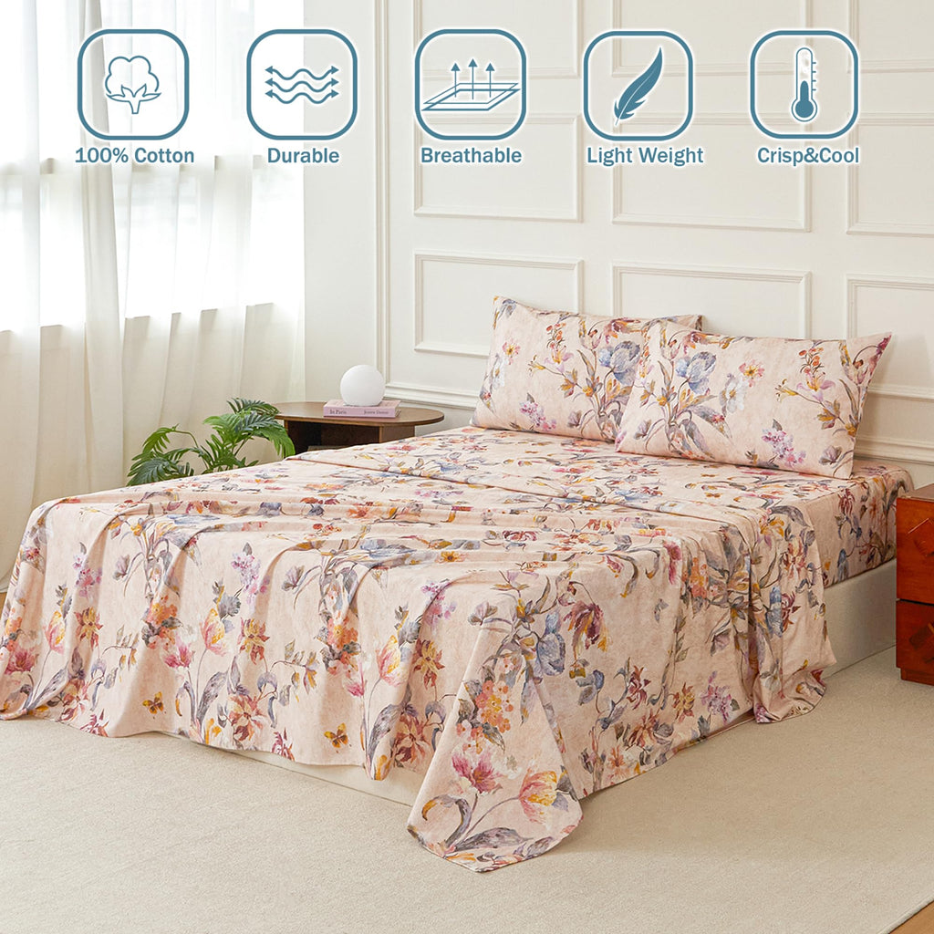 Beige Floral Bed Sheets Set King 100% Brushed Cotton Flannel-Like Sheets Luxury Vintage Tulip Flower Printed