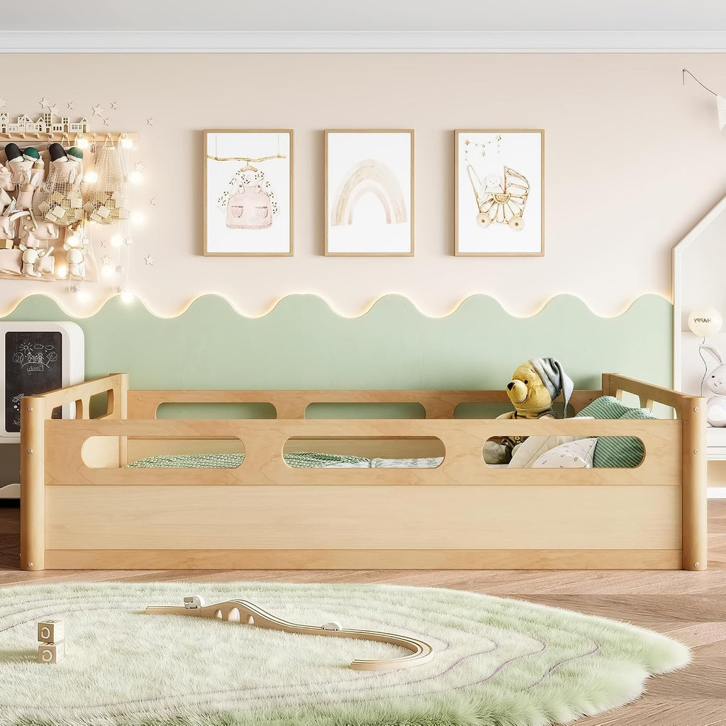 Pine Wood Floor Bed Frame with 16.5"Full-Length Guardrails