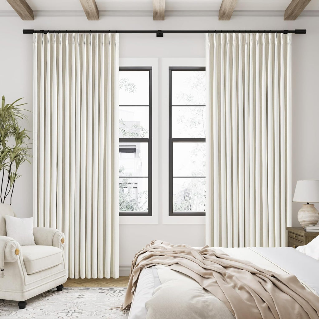 Pinch Pleated Linen Blackout Curtains 96 Inches Long for Living Room 2 Panel Set Cream Ivory 100% Black Out Pinch