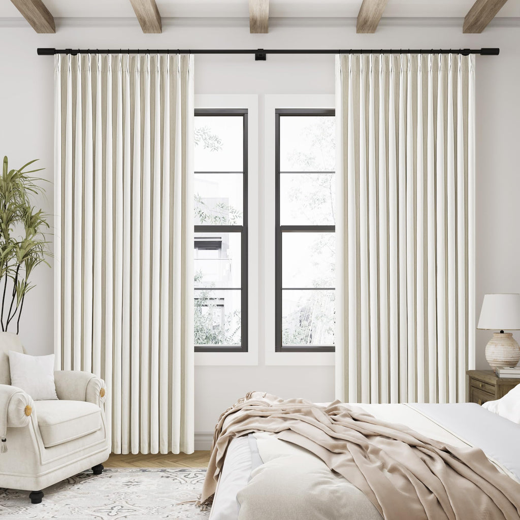 Natural Linen 100% Blackout Pinch Pleated Curtains 108 Inches Long 2 Panels