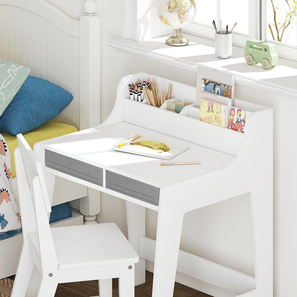 Wooden Kids Desk and Chair Set with 2 Fabrics Drawers for Study Room