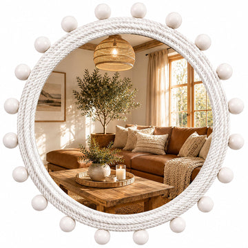 30" Round Rope Wall Mirror with 2 in Whitewashed Wood Beads