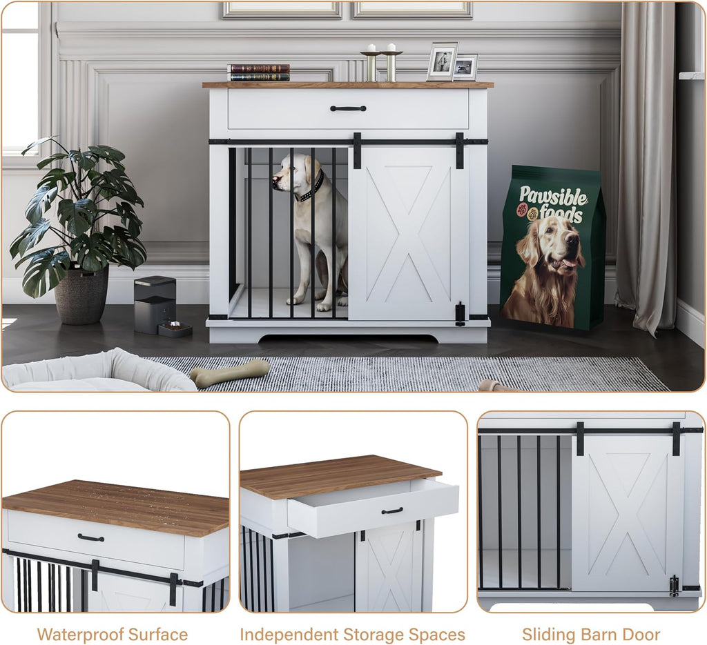 37.8'' Dog Crate Furniture with Storage Drawer, Decorative Wooden Dog Kennel with Sliding Barn Door, Indoor Water