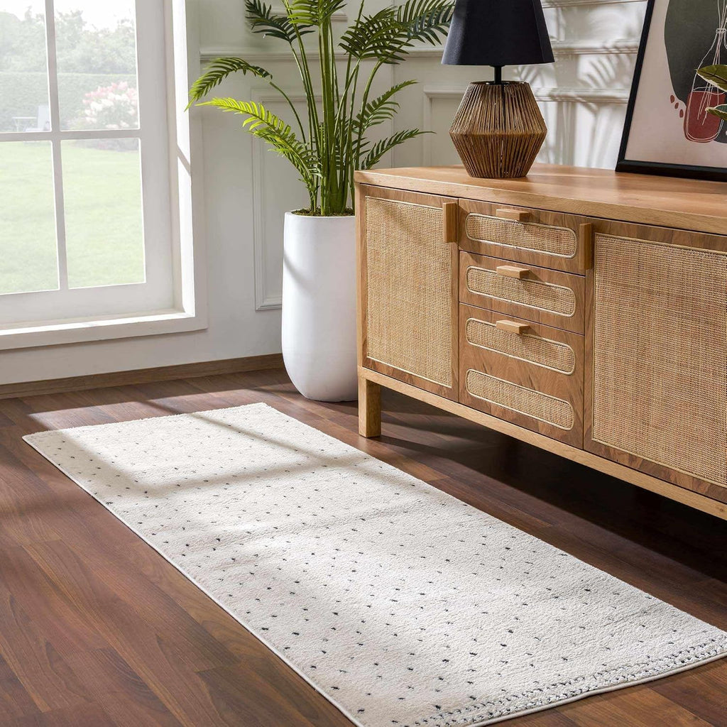 Julie Hallway, Kitchen Runner Rug - Polka Dot Border - Contemporary Minimalist Modern Scandinavian Farmhouse - High