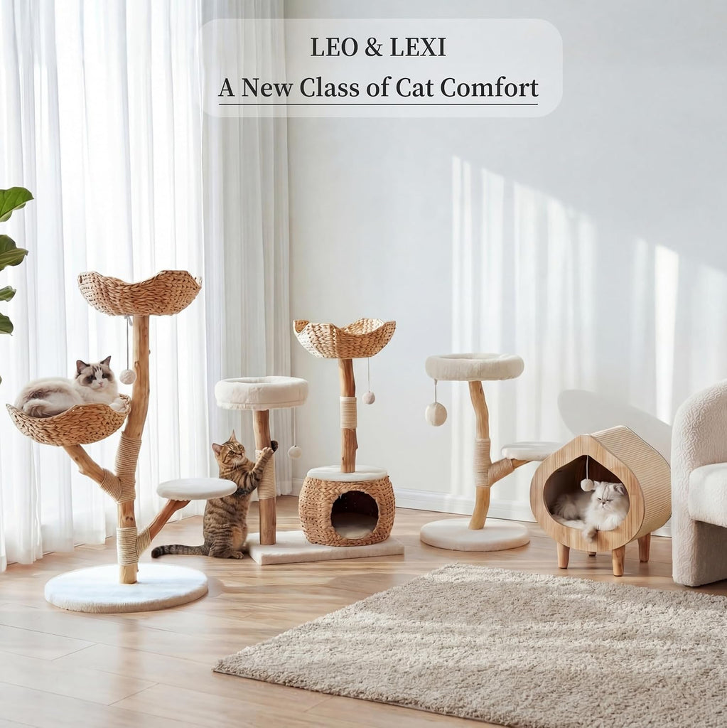 Modern Cat Tree Tower with Cave, Real Wood Cat Scratching Post with Bed for Indoor Cats Large Adult, Solid Wooden