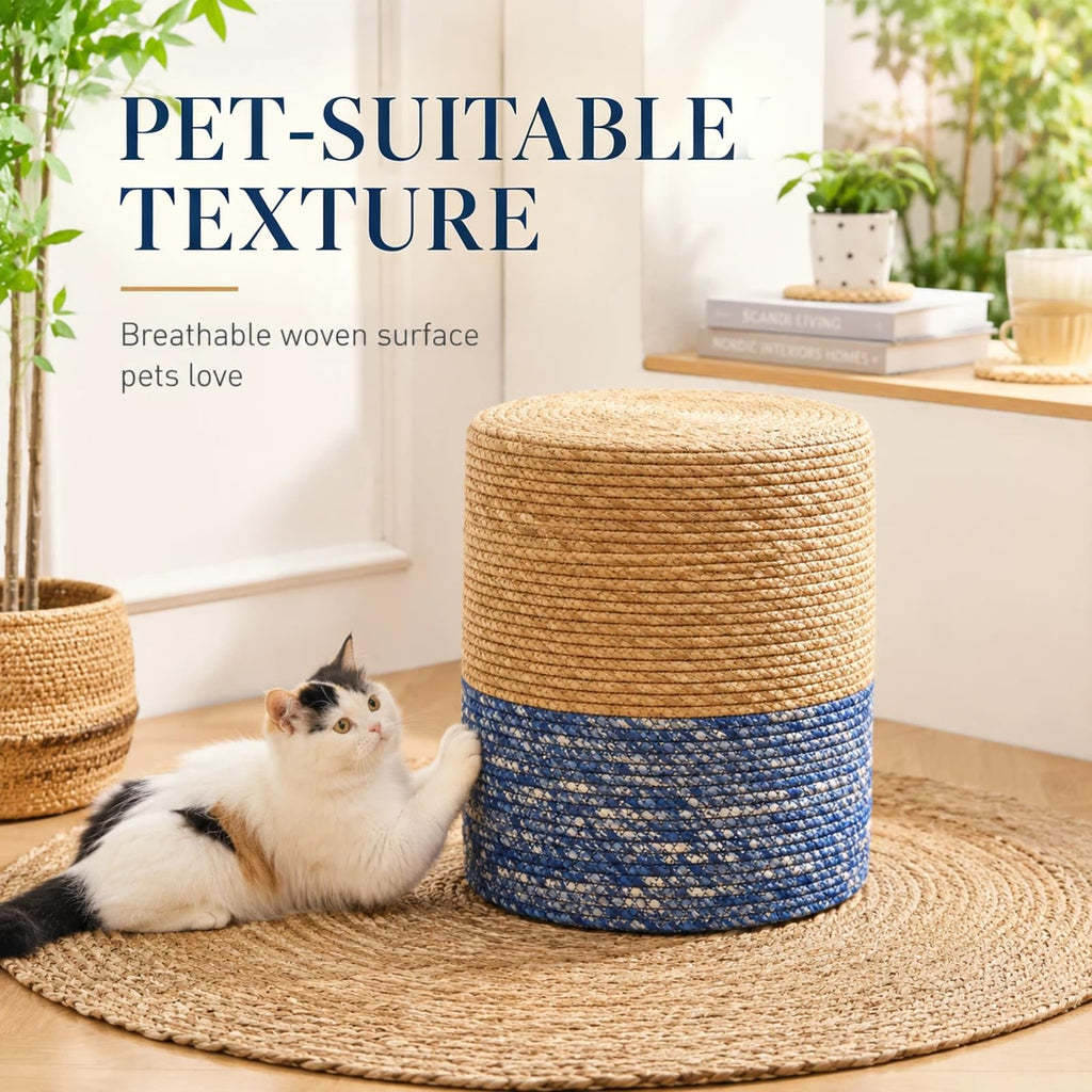 Natural Seagrass Foot Stool, Hand Weaving Round Ottoman, Outdoor Seat (Natural & Blue)