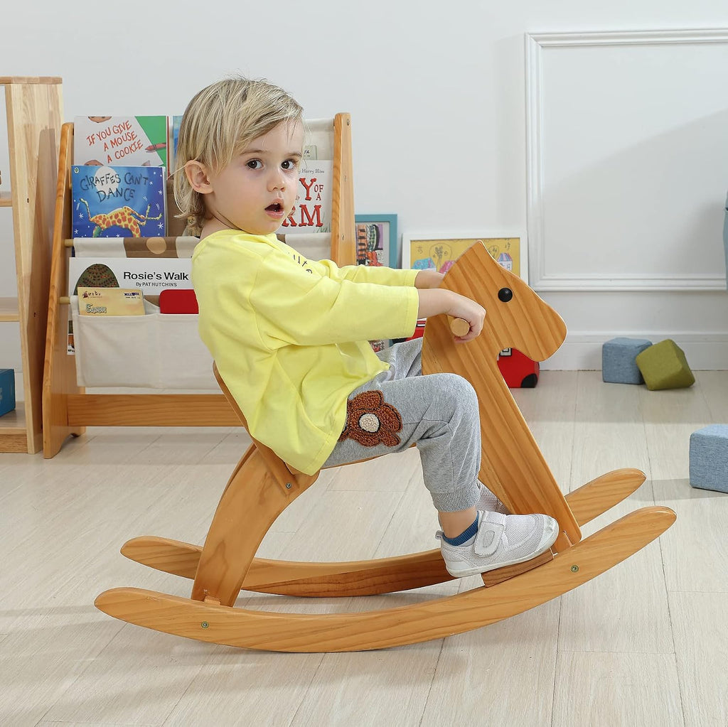 Wooden Rocking Horse, Boy & Girls Ride-On Toy with Foot Pedal