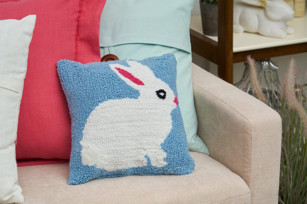 Easter Bunny Hooked Blue Mini Accent Pillow 12" x 12"