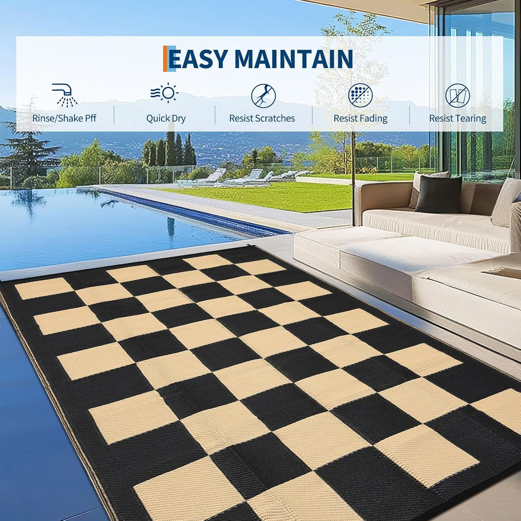 9x12 Checkerboard Outdoor Rug, Reversible Woven Plastic Straw Patio Mat, Checkered RV Camping Carpet with Corner