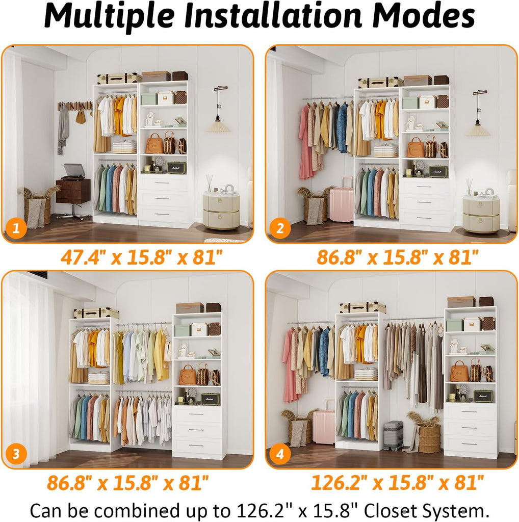 Closet System of 2 Sets with 3 Drawers & 4 Shelves & 4 Hanging Rods, 4FT-10FT Closet Organizer System, Walk in