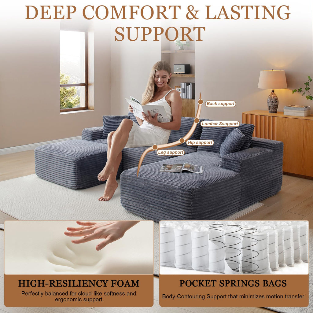 108" Cloud Sectional Couch, Modern Boneless Couch with Chaise, Deep Seat Modular Sectional Sofa Corduroy Foam Couches