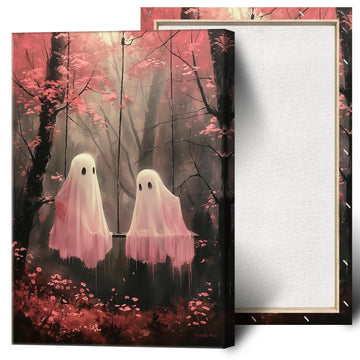 Cute Ghosts On Swing Posters Retro Dark Surreal Boo Ghost Halloween Wall Art Pink Ghosts Deep Forest Tree Prints