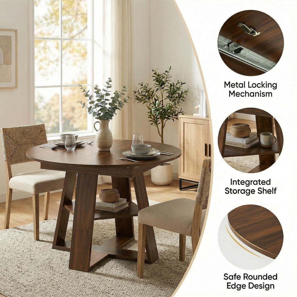 Round Extendable Dining Table Set for 6, 43"-59" Walnut Expandable Kitchen Table with 6 Blue Velvet Tufted Chairs
